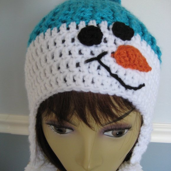 Teal Snowman Hat for Teens or Adults/Unisex Hand Knit Beanie w/ Pom Pom's - SALE - Picture 5 of 6
